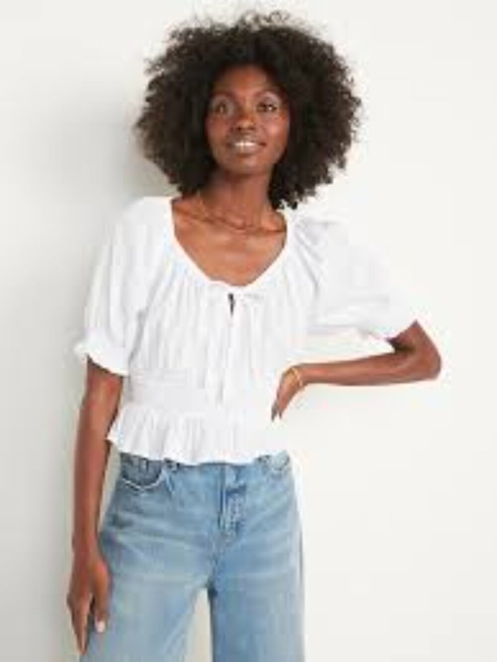 Old Navy White Peasant Blouse NWT Women's XS/S Puff Sleeve Ruffle Hem Top Boho